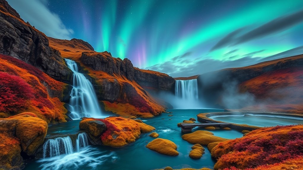 autumn waterfalls and hot springs
